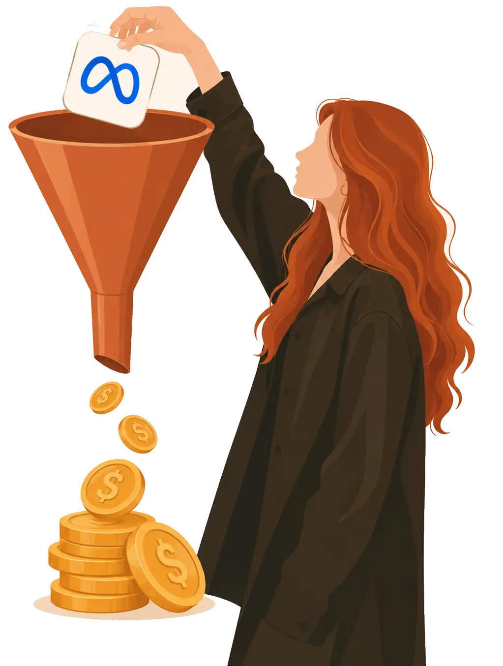 Ilustración: una profesional vierte sus campañas de paid media en un embudo de captación que se convierte en una pila de monedas.